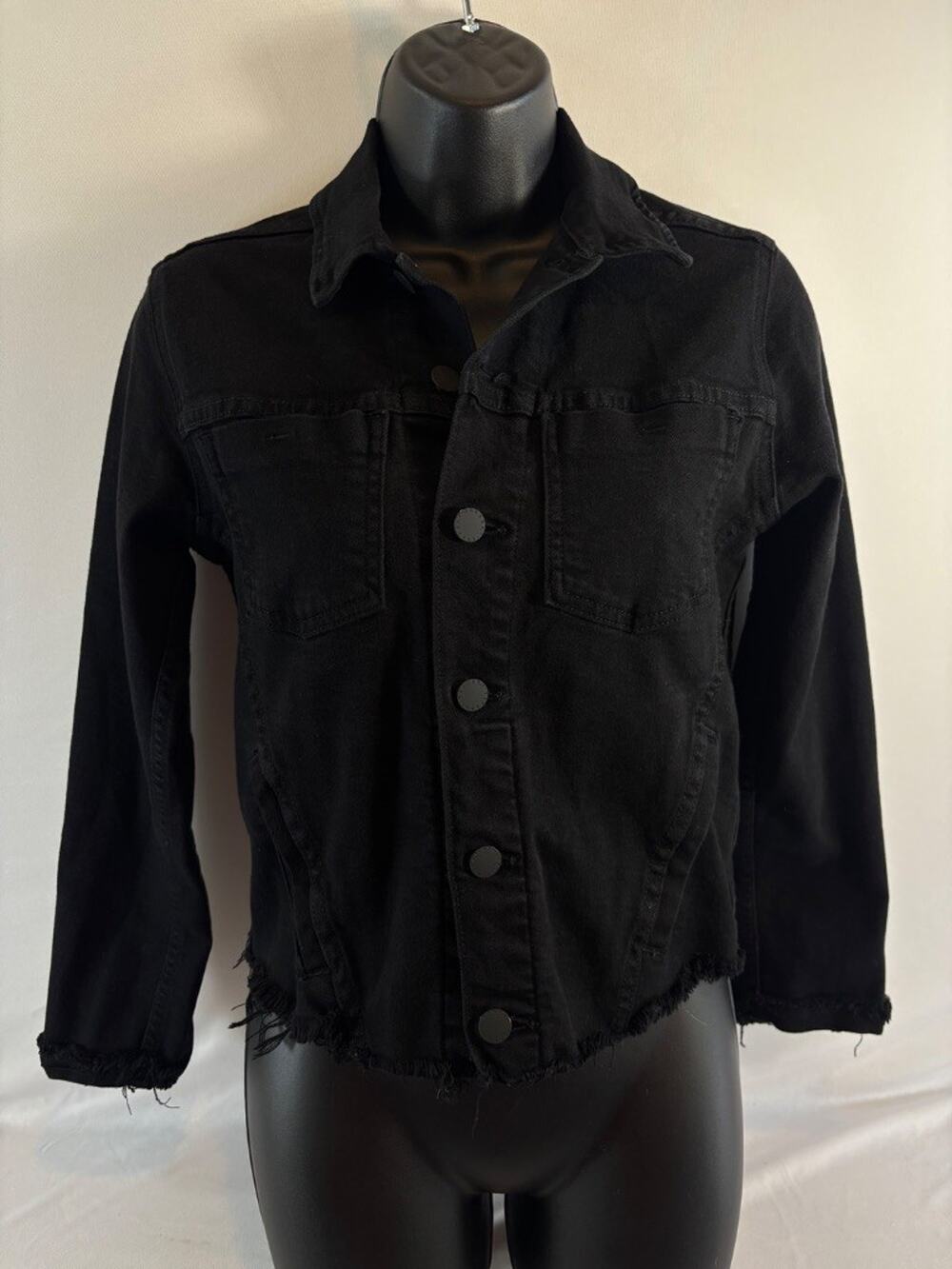 L'Agence Janelle Cropped Denim Jacket Saturated Black Raw Hem Size S